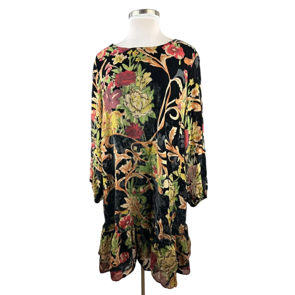 ABS Collection Crushed Velvet Floral Dress Long Sleeve Ruffle Black Plus Size 22 - Picture 5 of 15